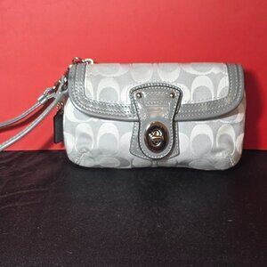 Vintage Coach Legacy Signature Gray Canvas Leather Trim Flap Wristlet.